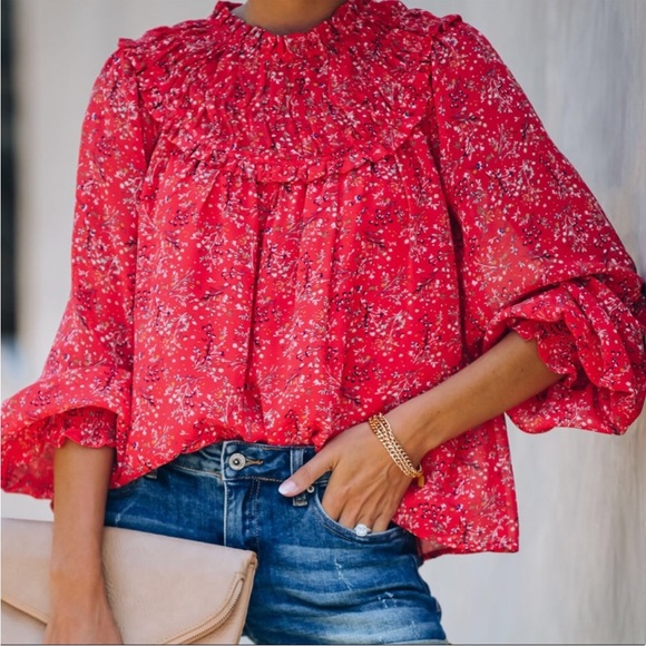 Fate High neck floral smocked balloon sleeve blouse - Picture 1 of 12